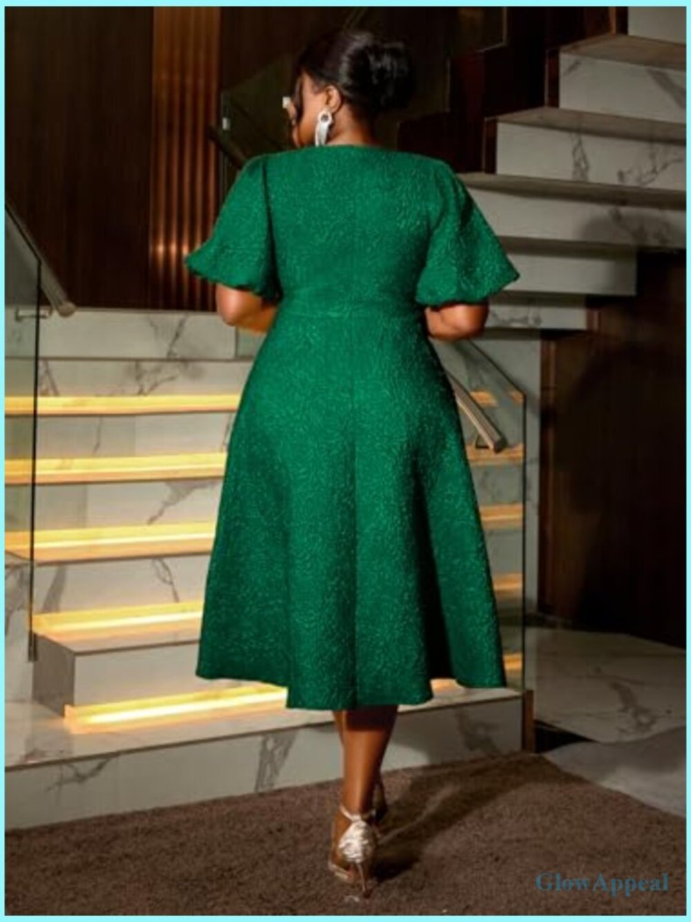 Irregular Neck Puff Sleeve A-Line Jacquard Midi Dress - Picture 3 of 5